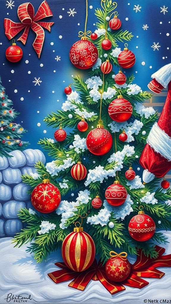 A colorful 3D Christmas painting of a tree with textured ornaments and a snowy scene.
